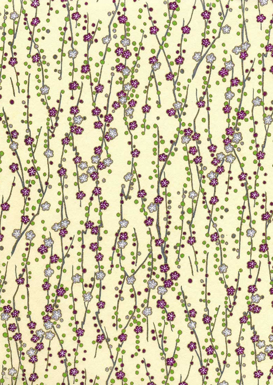 Chiyogami Botanical Ivory with Purple and Silver Blossoms