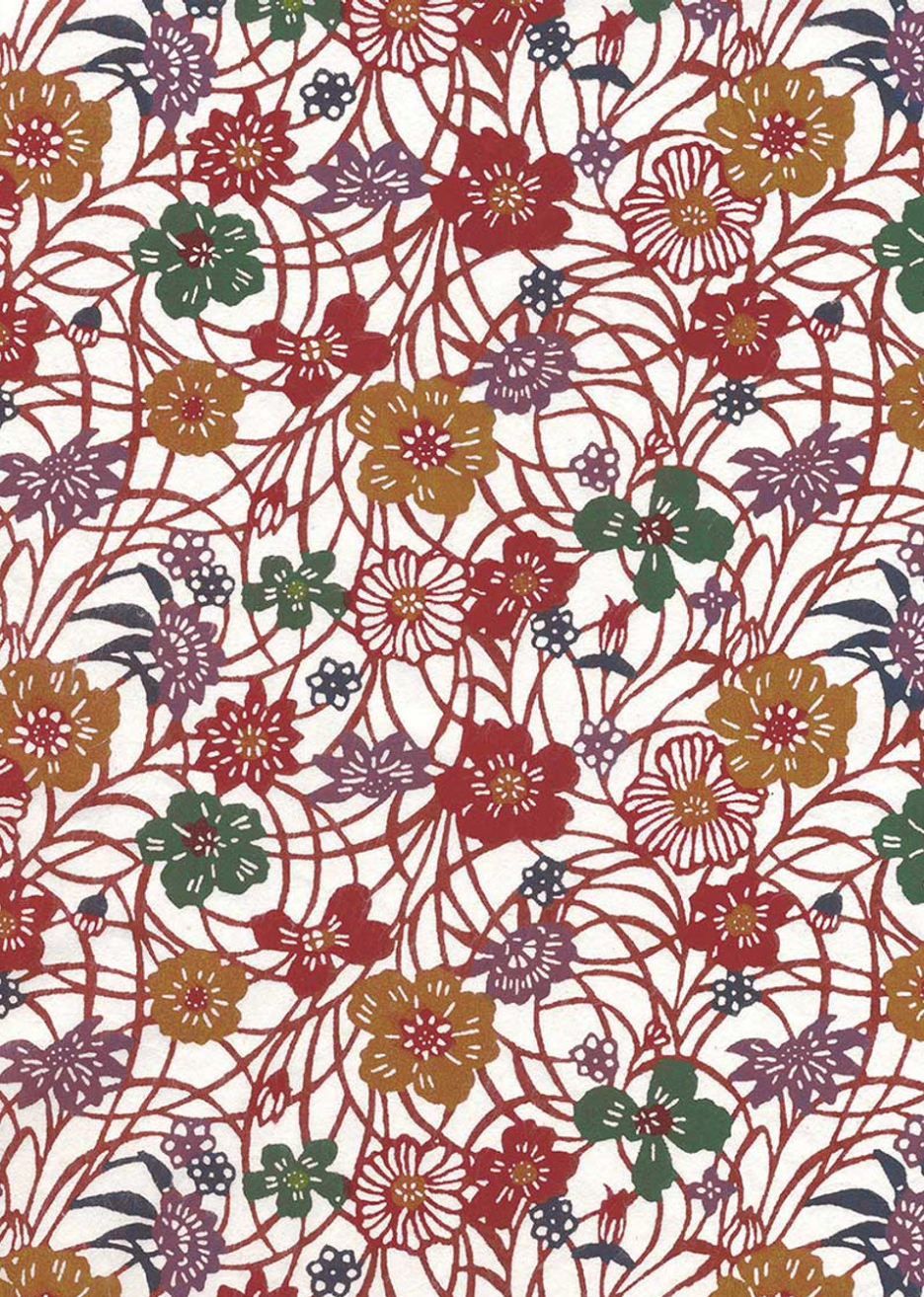 Katazome-shi Floral Maroon Green and Gold